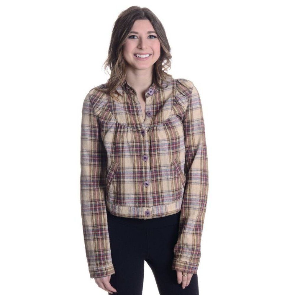 Free People Plaid Button Down Long Sleeve Jacket